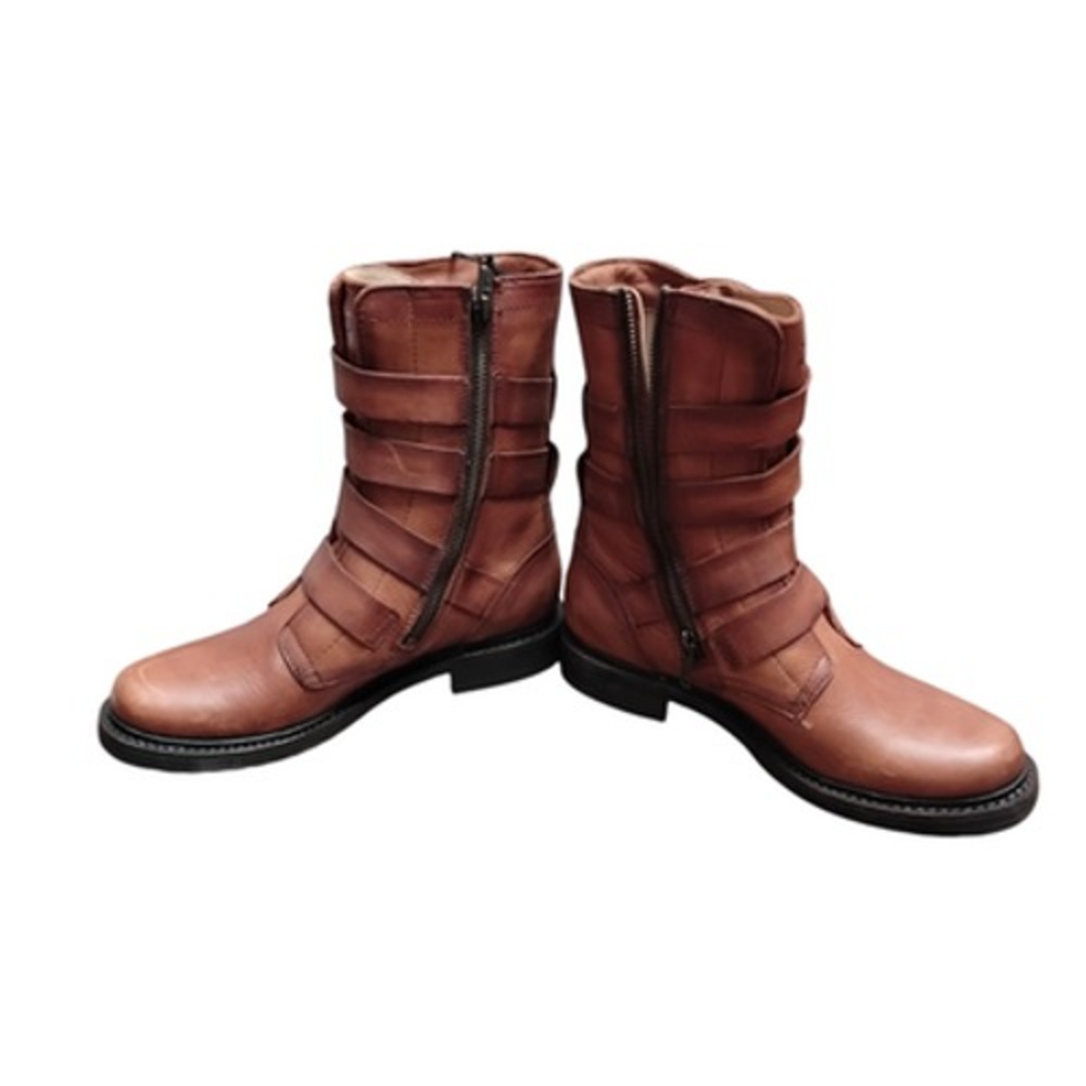 Frye Veronica Tanker Boots Women's 7M Cognac Moto‎ Combat Leather Strappy Belted - Picture 6 of 12